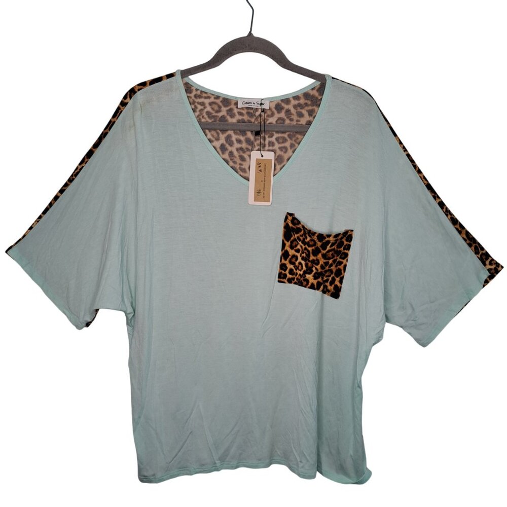 NEW Cream n Sugar Blue Leopard Print Two Tone Blouse Size Medium